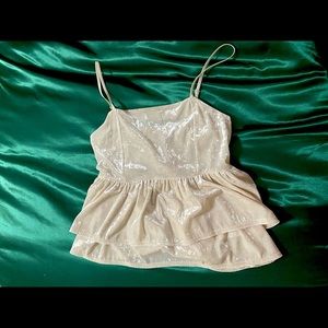 Crushed velvet, ivory colored, spaghetti strap.